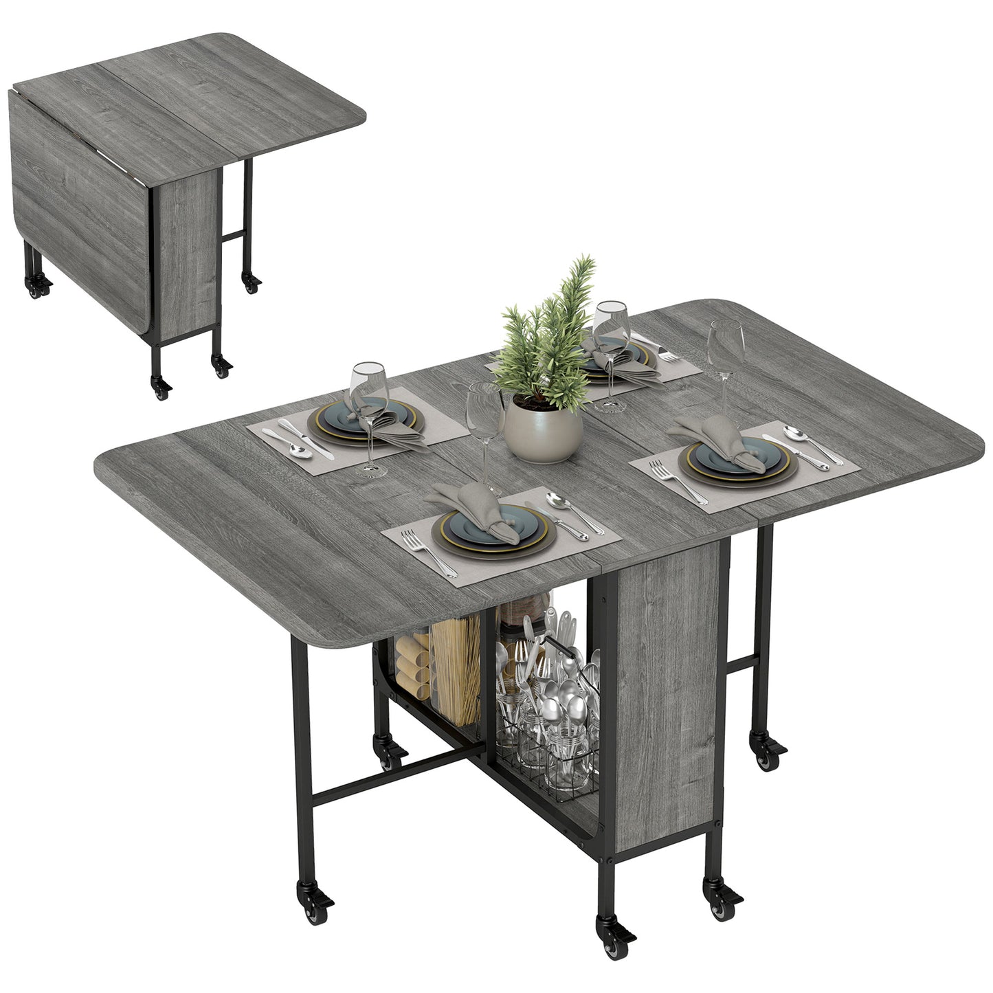 Masă de dining pliabilă pentru maximum 6 persoane, cu raft, din lemn și metal, 130x80x74 cm, gri