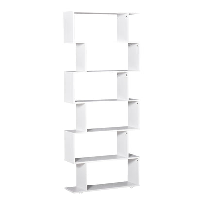 Bibliotecă Modernă cu 6 Rafturi, Design în Formă de S, Raft de Depozitare din Lemn pentru Living sau Birou, 80x24x191cm, Alb