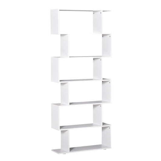Bibliotecă Modernă cu 6 Rafturi, Design în Formă de S, Raft de Depozitare din Lemn pentru Living sau Birou, 80x24x191cm, Alb