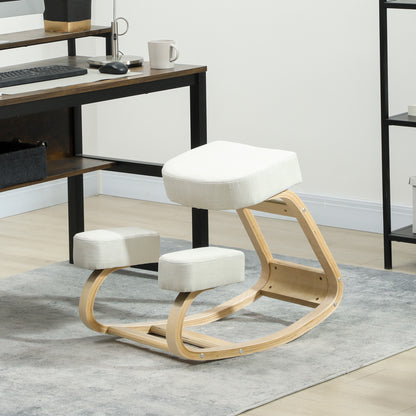 Sedia Ergonomica con Inginocchiatoio in Legno di Betulla e Cuscino, 51x69x58 cm, Crema
