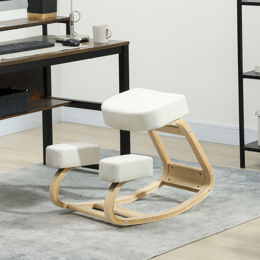 Sedia Ergonomica con Inginocchiatoio in Legno di Betulla e Cuscino, 51x69x58 cm, Crema