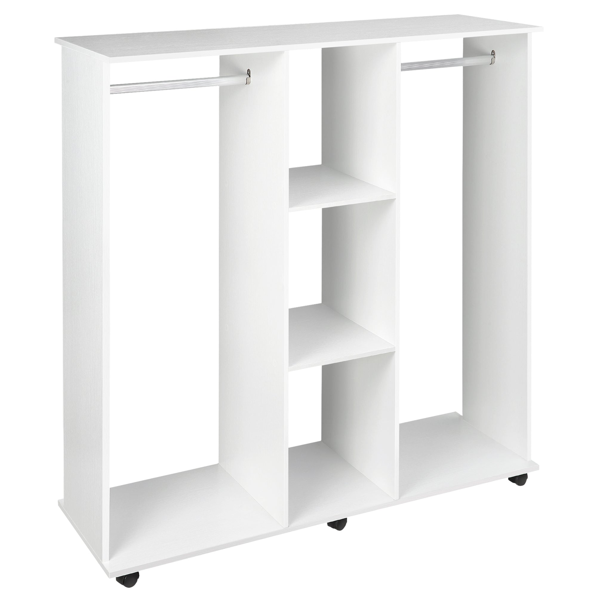 Dulap Garderobă pe Roți cu 2 Bare și 3 Rafturi Deschise, din Lemn și Aluminiu, 120x40x128 cm, Alb