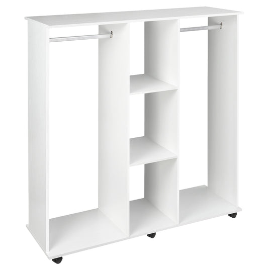 Dulap Garderobă pe Roți cu 2 Bare și 3 Rafturi Deschise, din Lemn și Aluminiu, 120x40x128 cm, Alb