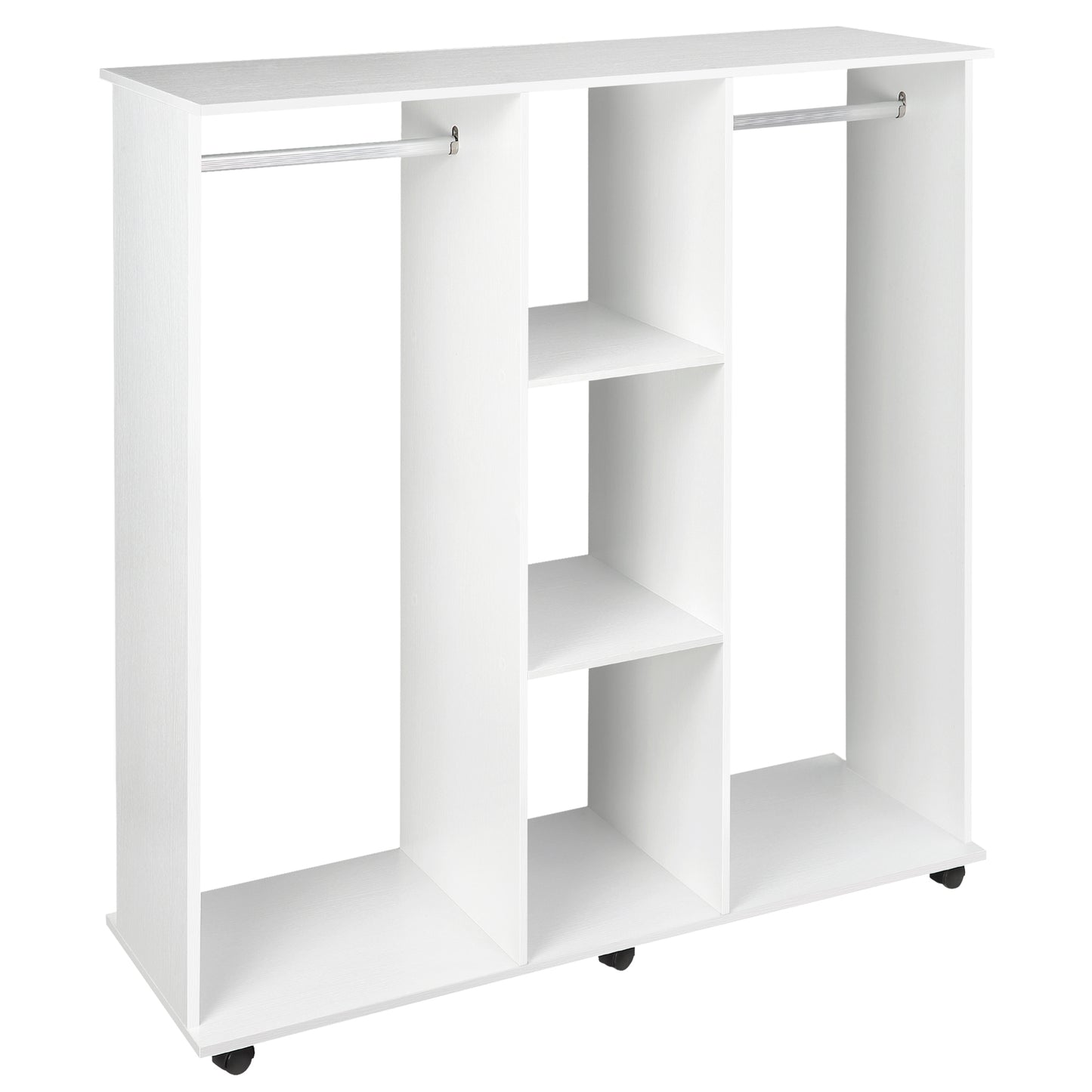 Dulap Garderobă pe Roți cu 2 Bare și 3 Rafturi Deschise, din Lemn și Aluminiu, 120x40x128 cm, Alb