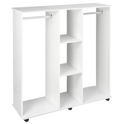 Dulap Garderobă pe Roți cu 2 Bare și 3 Rafturi Deschise, din Lemn și Aluminiu, 120x40x128 cm, Alb