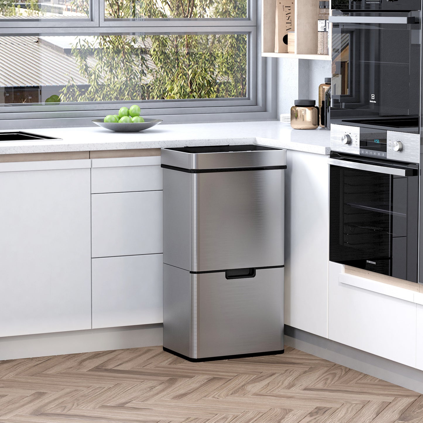 Cos de Gunoi Inteligent cu Senzor Infrarosu, 72L, 3 Compartimente pentru Reciclare Selectiva, din Inox si ABS, Protectie Amprente, Argintiu