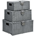 Set de 3 cosuri din rachita PP cu capac, containere dreptunghiulare de diferite dimensiuni, gri