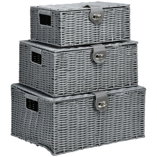 Set de 3 cosuri din rachita PP cu capac, containere dreptunghiulare de diferite dimensiuni, gri
