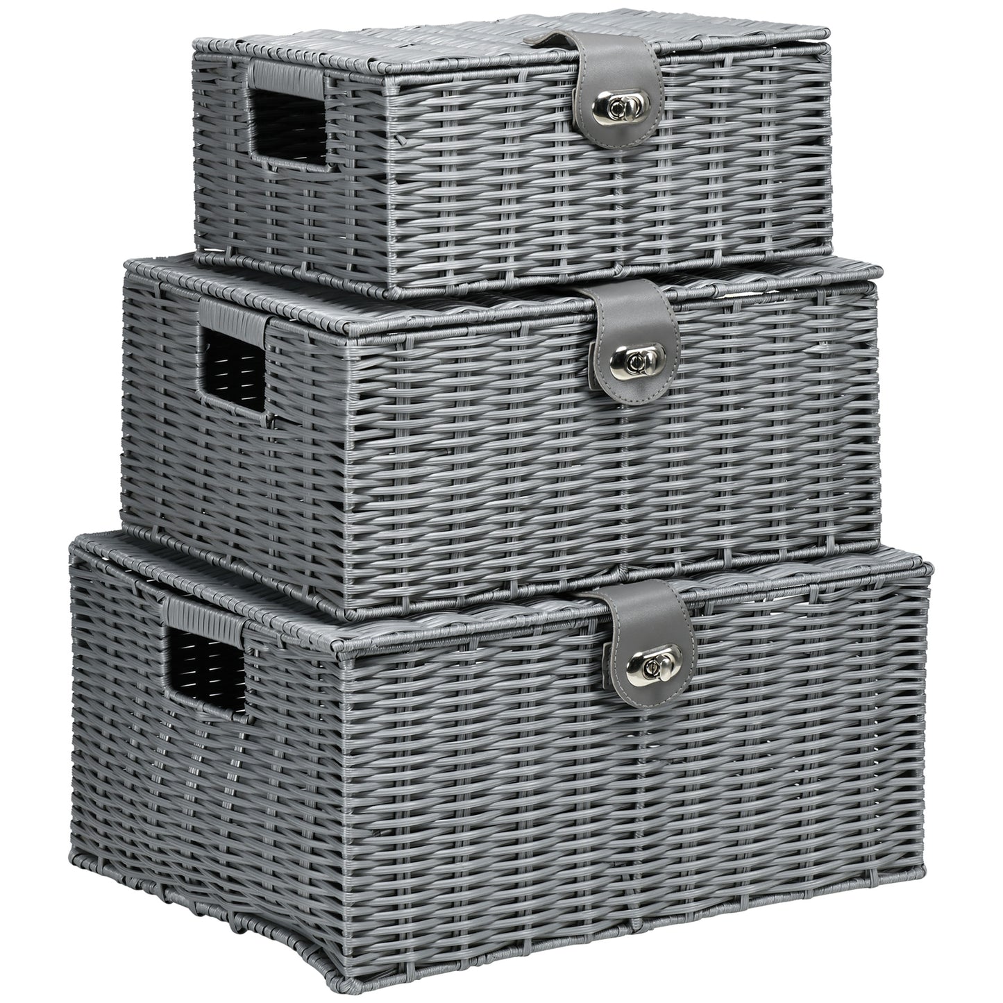 Set de 3 cosuri din rachita PP cu capac, containere dreptunghiulare de diferite dimensiuni, gri