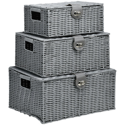 Set de 3 cosuri din rachita PP cu capac, containere dreptunghiulare de diferite dimensiuni, gri
