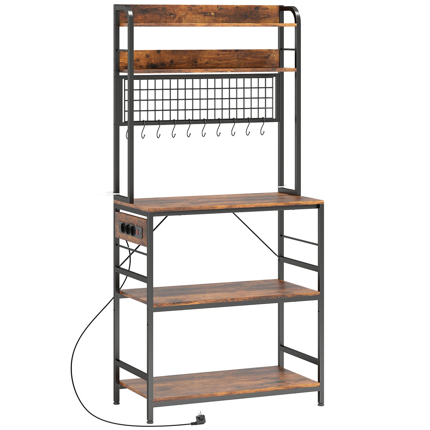 Raft de Bucătărie cu Stație de Alimentare și Rafturi Reglabile, Raft pentru Cuptor cu Microunde 5 Nivele cu Panou de Grilaj și 10 Cârlige, Dulap Vintage Structură din Oțel, 80x40x170 cm, Maro Rustic