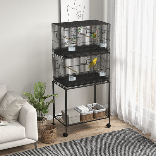 Cușcă pentru Păsări din Oțel și PP, Design Suprapus cu Stinghii, Leagăne și Scărițe, 77x46x164 cm, Negru