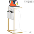 Măsuță de Cafea în Formă de C cu Efect de Marmură, cu Prize și Porturi USB Integrate, Alb
