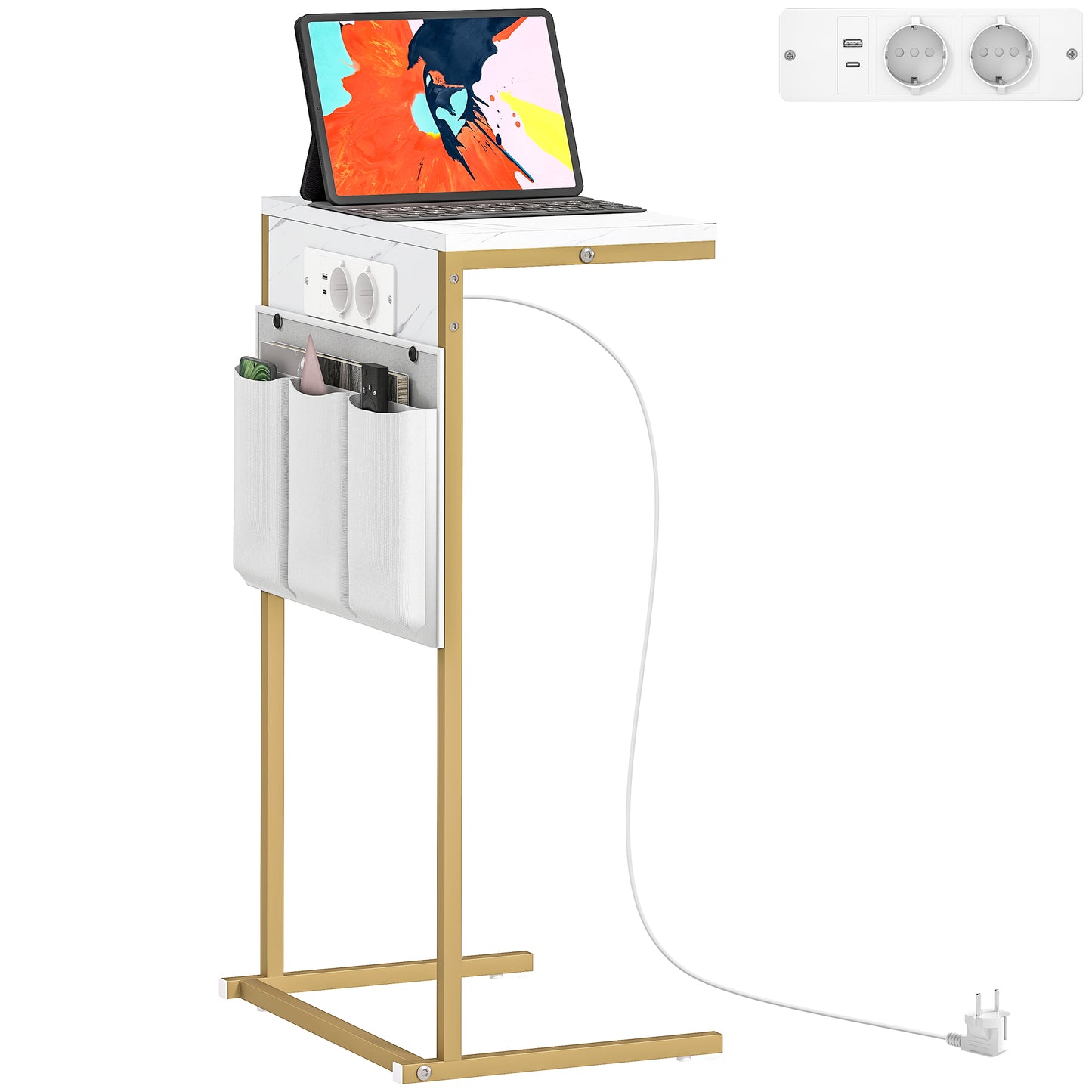 Măsuță de Cafea în Formă de C cu Efect de Marmură, cu Prize și Porturi USB Integrate, Alb