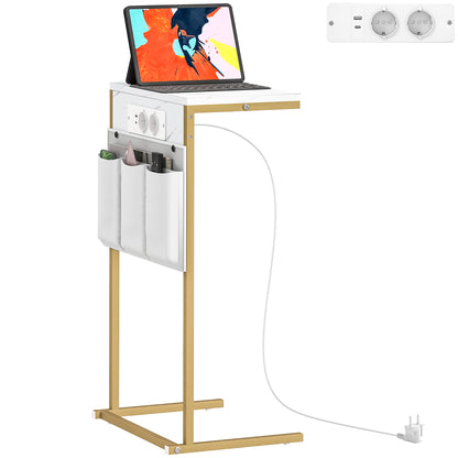 Măsuță de Cafea în Formă de C cu Efect de Marmură, cu Prize și Porturi USB Integrate, Alb