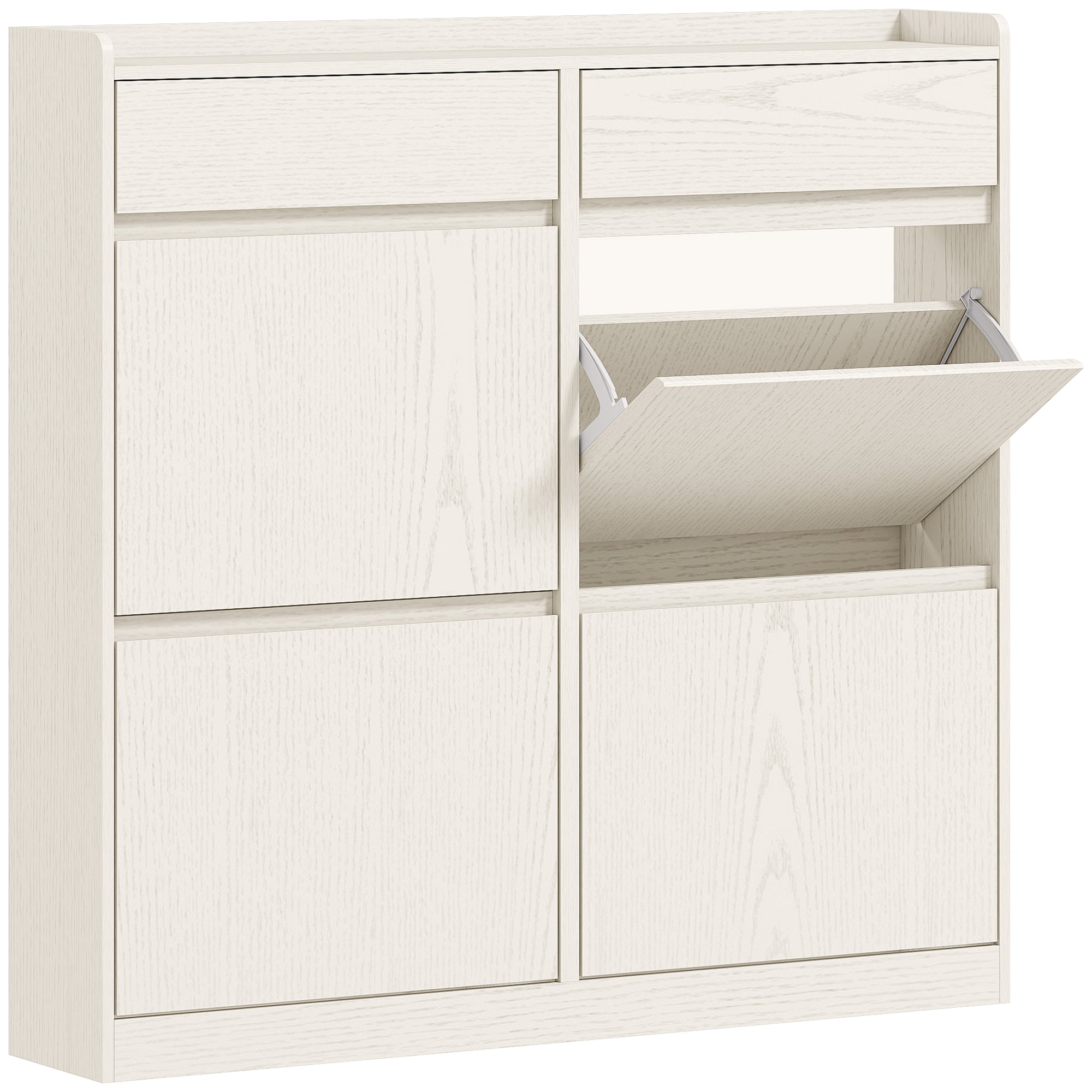 Dulap de Pantofi Slim din Lemn cu 4 Sertare Rabatabile și 2 Sertare Glisante, 98x19,2x95,3 cm, Alb
