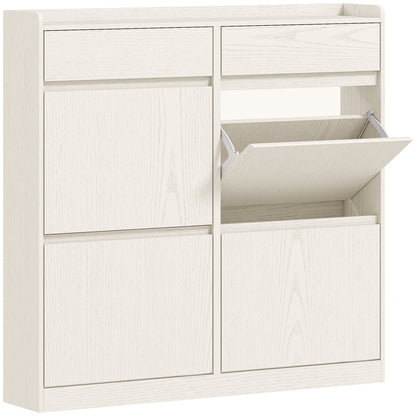 Dulap de Pantofi Slim din Lemn cu 4 Sertare Rabatabile și 2 Sertare Glisante, 98x19,2x95,3 cm, Alb