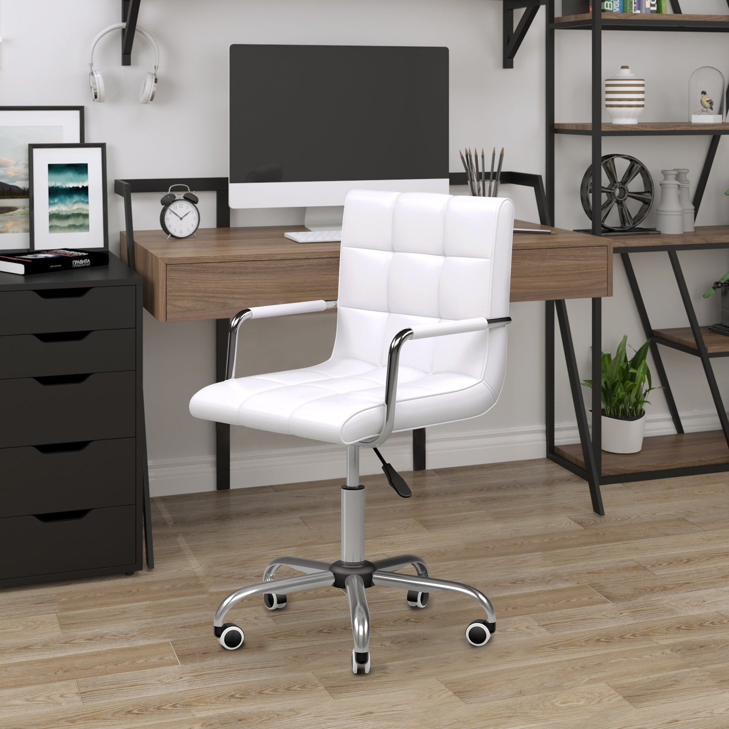 Scaun Birou Alb – Captusit, Reglabil & Mobil pe Roti