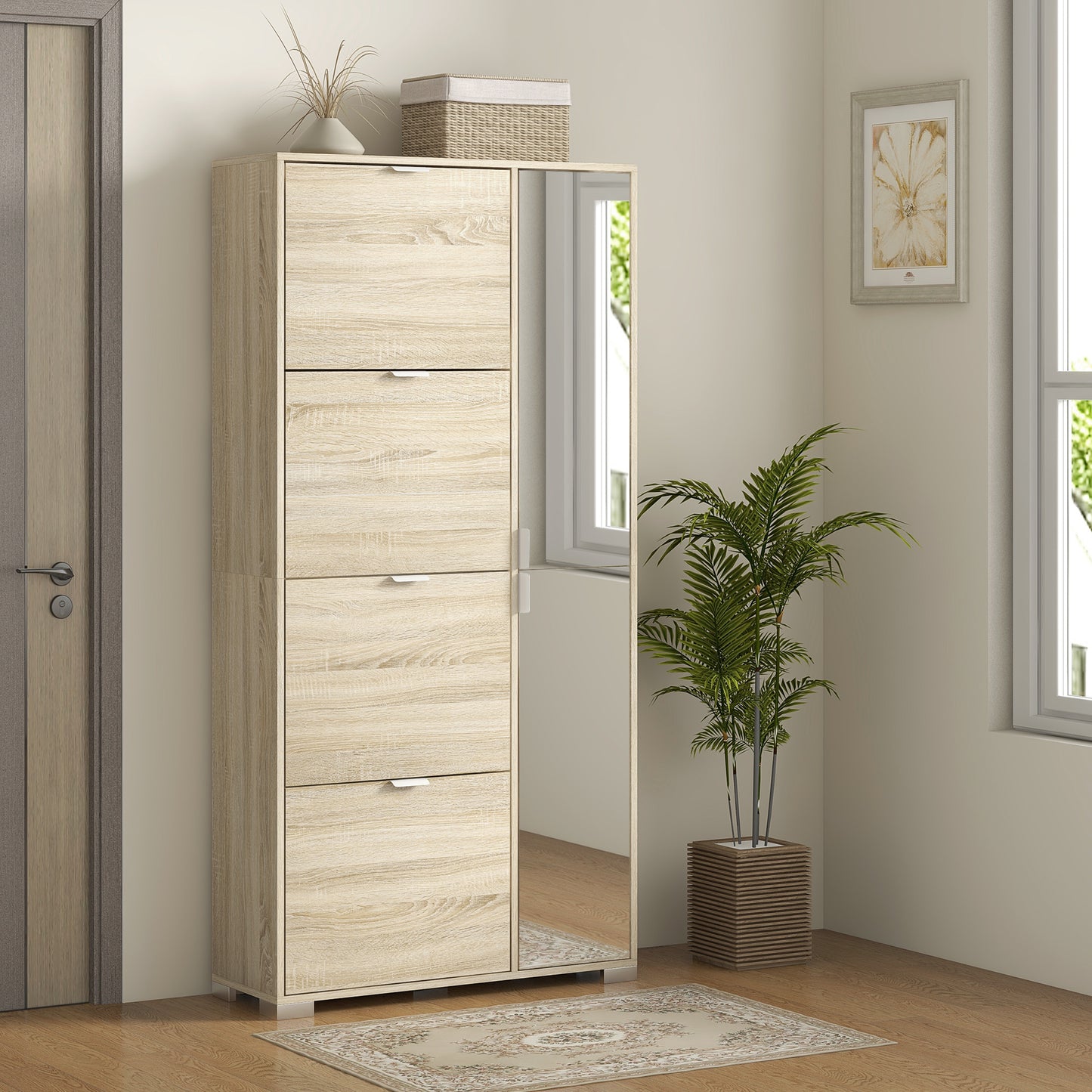Etajeră pentru Pantofi cu Oglindă, 4 Sertare Rabatabile și 2 Dulapuri, 82x30x168 cm, Culoare Stejar