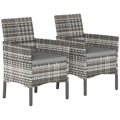 Set de 2 Scaune de Grădină din Ratan, Scaune de Exterior cu Perne, Cotiere și Spătar Înalt, Cadru din Oțel pentru Verandă, Balcon, Lângă Piscină și Grădină, Gri