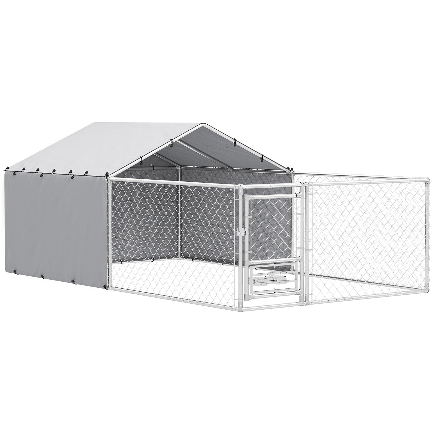Țarc pentru câini cu acoperișuri și boluri rotative, din oțel și material Oxford, 4x2,3x1,5 m, argintiu