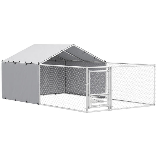 Țarc pentru câini cu acoperișuri și boluri rotative, din oțel și material Oxford, 4x2,3x1,5 m, argintiu