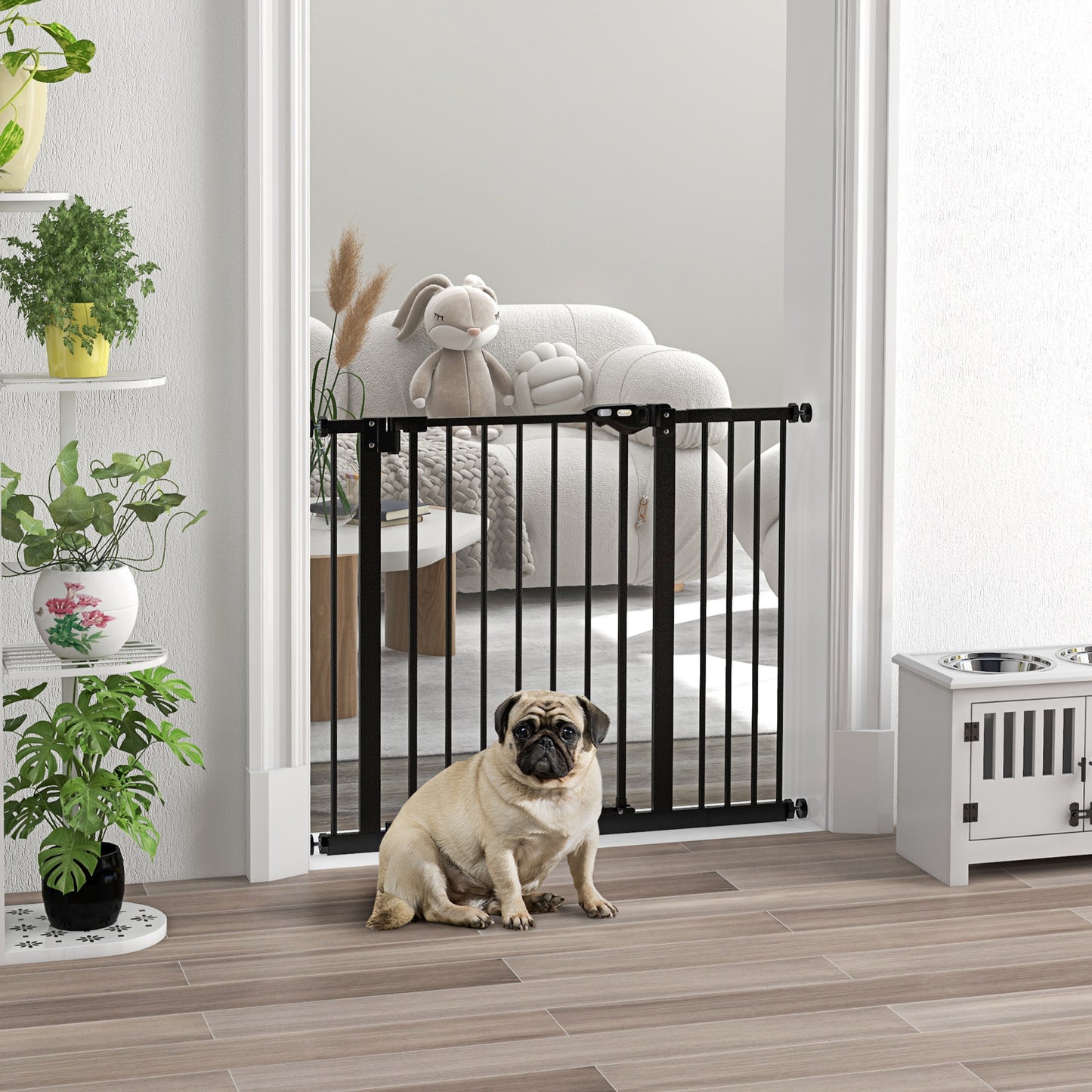 Poartă pentru câini reglabilă cu închidere automată, din oțel și plastic, 74-100x77 cm, negru