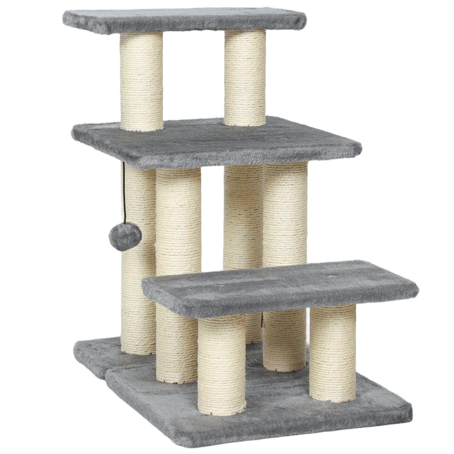 Scară pentru Câini și Pisici cu 3 Trepte din Pluș și Stâlpi Zgâriători din Sisal, Capacitate 10 kg, Gri