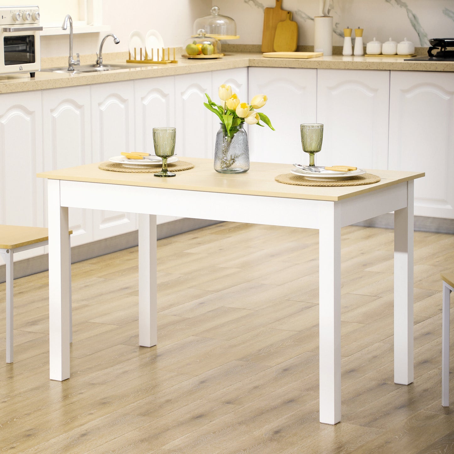 Masă de Dining pentru 4-6 Persoane, Design Modern pentru Bucătărie și Living, 119x70x75cm, Alb și Lemn