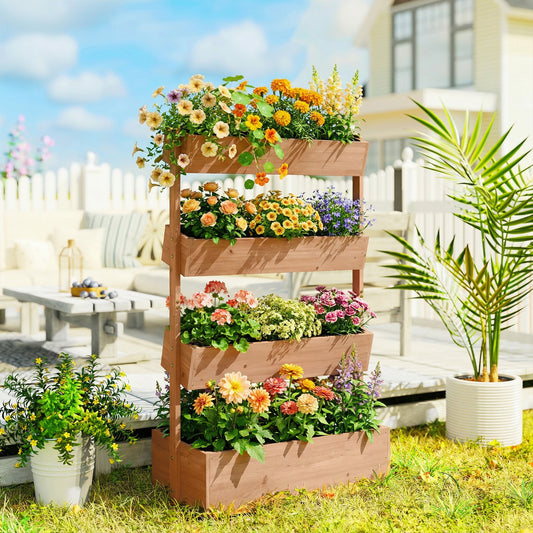 Jardinieră Verticală înălțată pe 4 Niveluri, din Lemn pentru Exterior, cu Orificii de Drenaj și Căptușeală Textilă, pentru Plante Aromatice, Flori și Legume, 85x45x140 cm, Maro