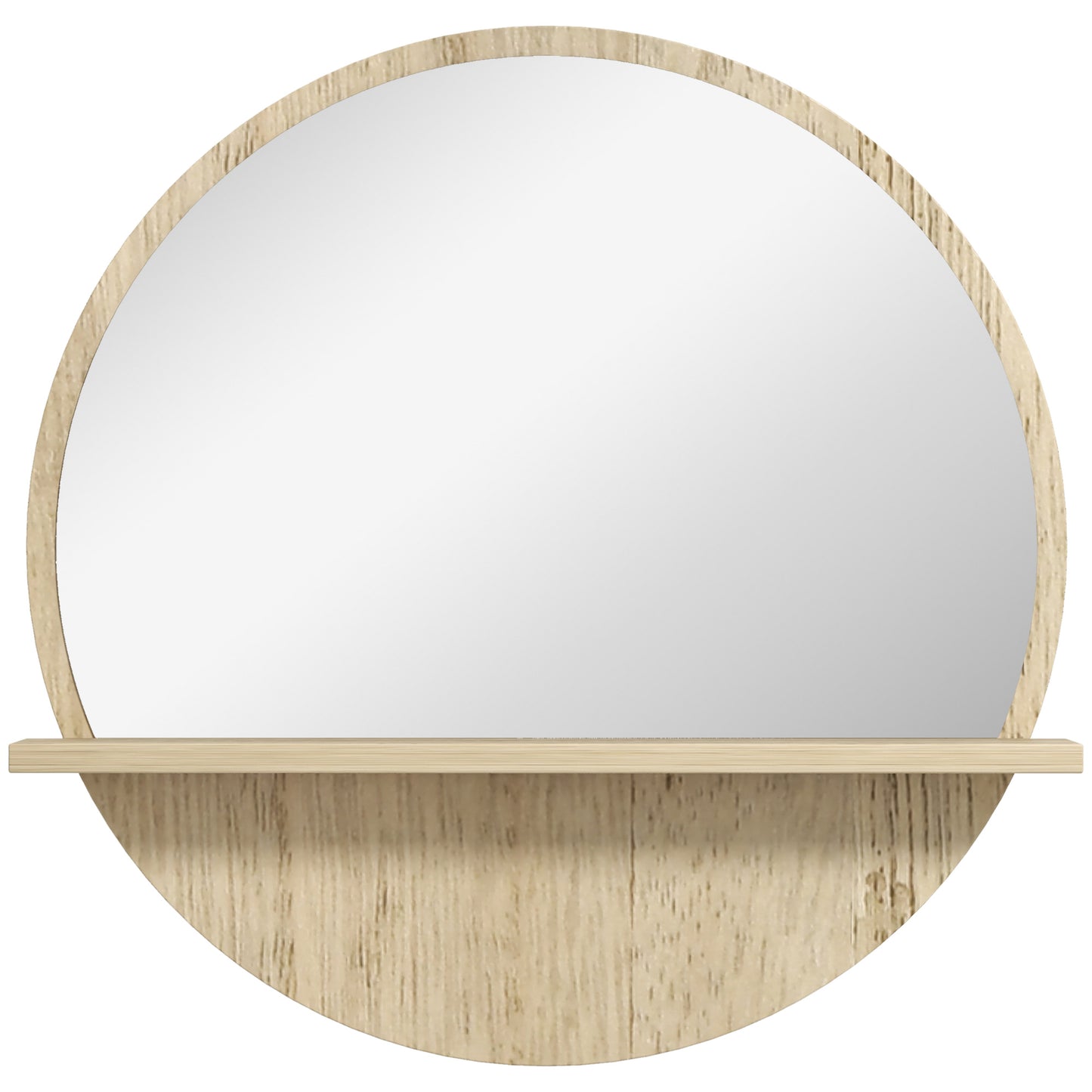 Oglindă de Baie Rotundă din PAL și Sticlă cu Raft pentru Depozitare și 2 Cârlige pentru Fixare, Ø45x10 cm, Lemn Natural