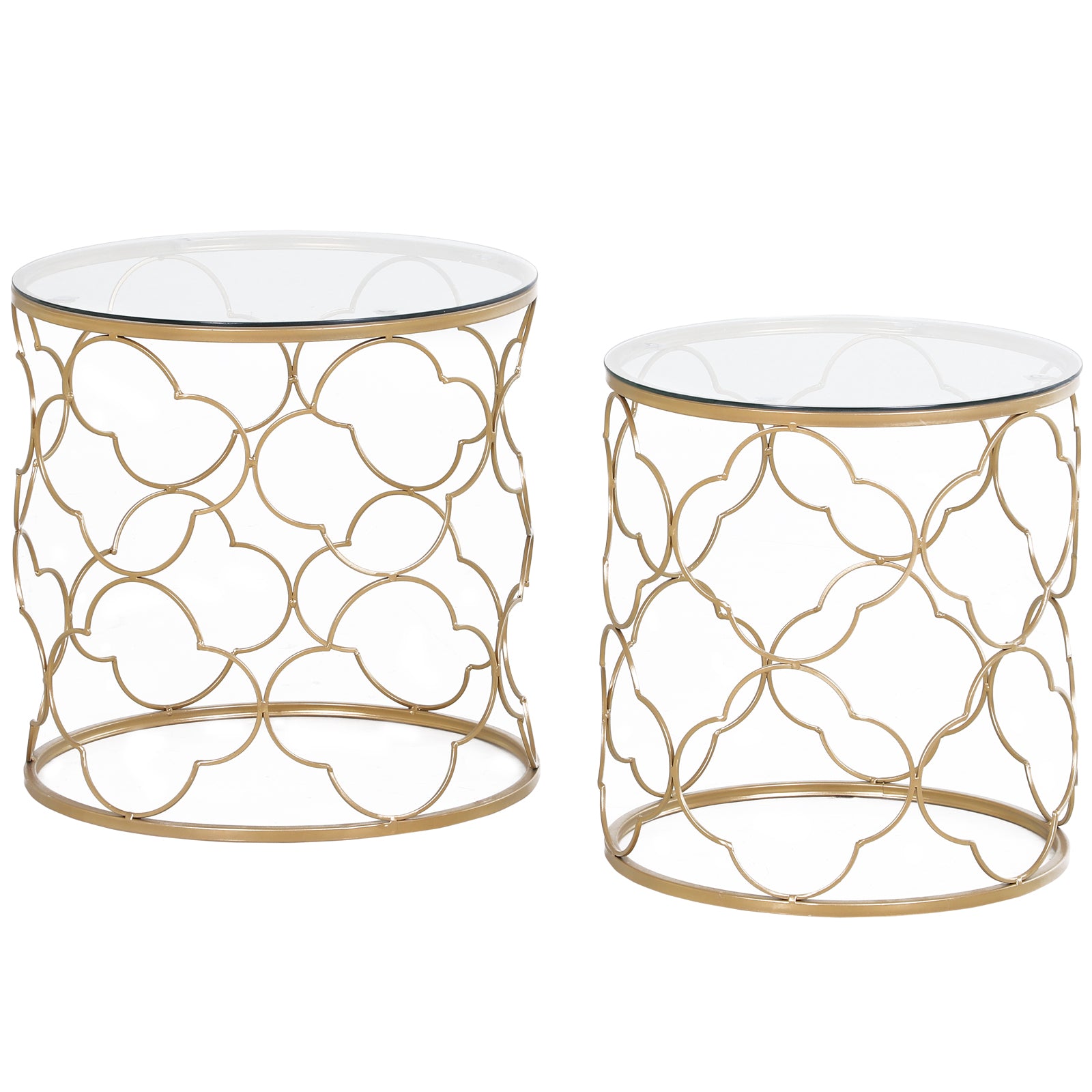 Set de 2 mese de living suprapozabile art deco din metal cu blat din sticlă, auriu