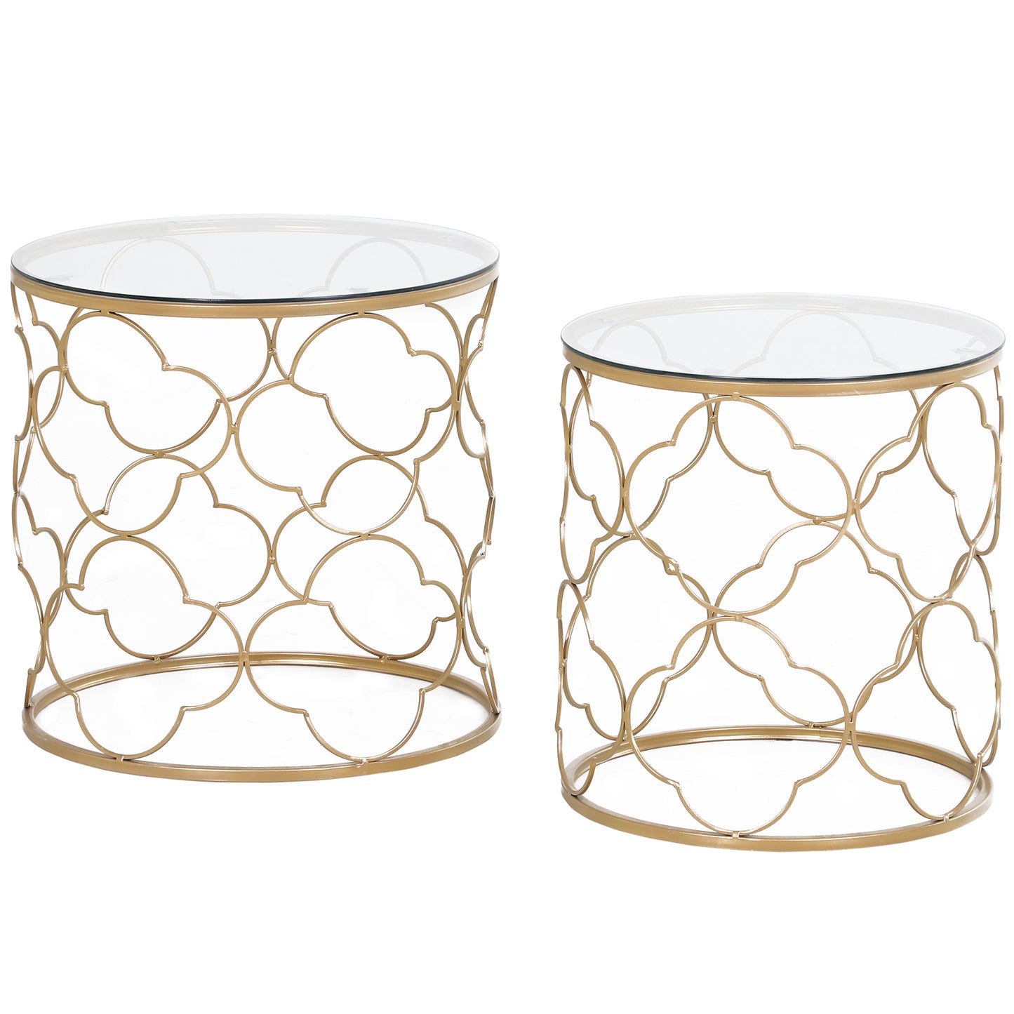 Set de 2 mese de living suprapozabile art deco din metal cu blat din sticlă, auriu