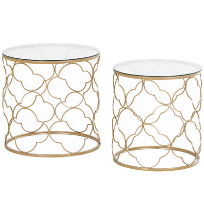 Set de 2 mese de living suprapozabile art deco din metal cu blat din sticlă, auriu