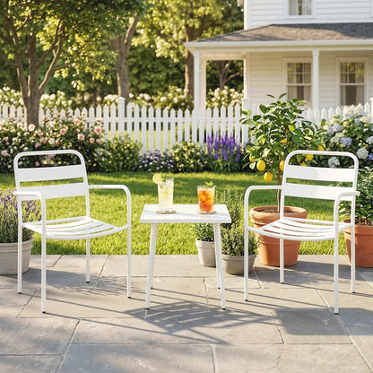 Set Bistrò 3 Piese din Oțel Galvanizat, Set de Grădină cu 2 Scaune și Masă din Sticlă Temperată, Mobilier Exterior pentru Terasă, Balcon, Alb