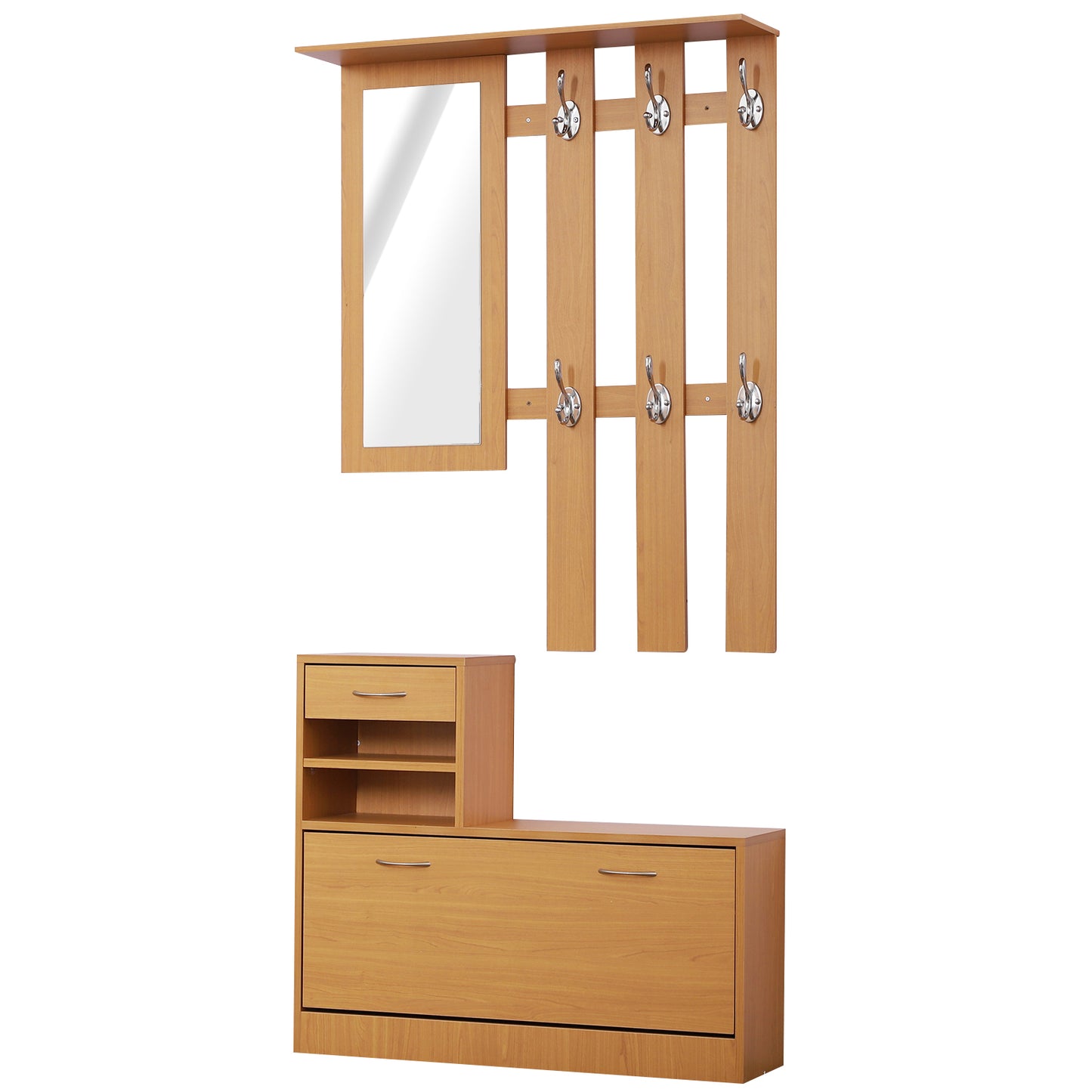 Mobilier Garderoba Dulap Pantofi Reglabil cu Oglinda si Cuier 6 carlige pentru Hol si Dormitor 90x22x116cm Lemn