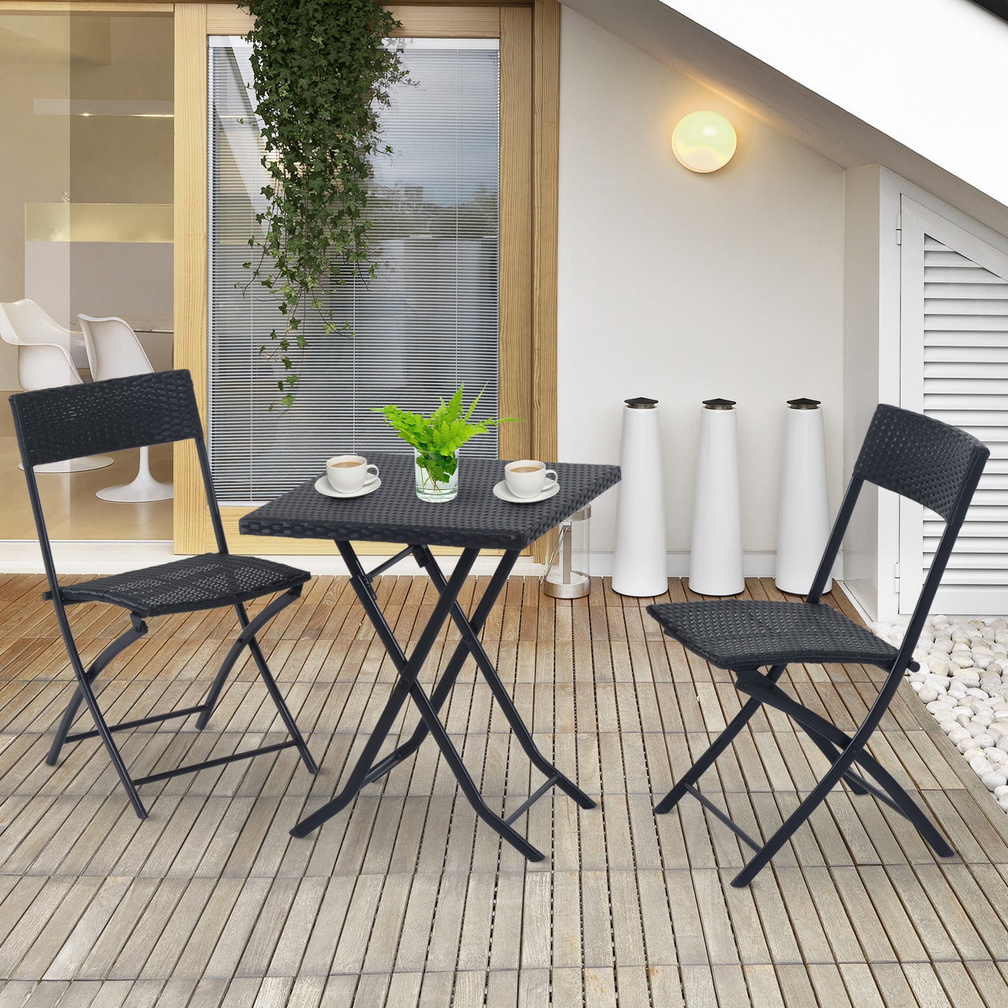 Set Mobilier pentru Grădină din Poly Ratan 3buc Set Masă și 2 Scaune pentru Grădină Pliabile Negru