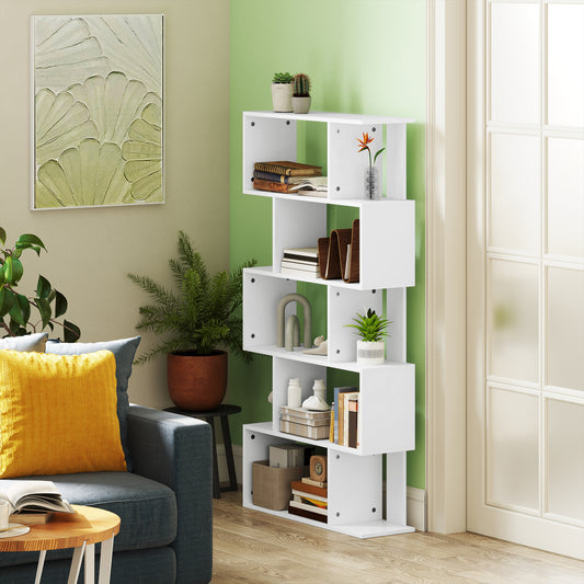 Bibliotecă Asimetrică în Formă de S cu 5 Niveluri și 10 Rafturi Deschise, 80x24x159 cm, Alb