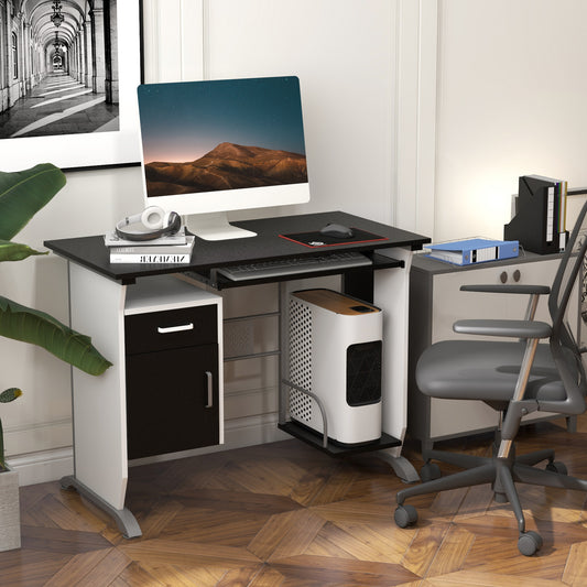 Birou PC 100×52×75 cm – Alb & Negru cu Sertar, Dulap si Raft