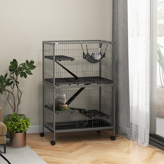 Cușcă pentru Rozătoare cu 4 Intrări la Nivele Multiple cu Hamac, din Metal și PP, 80x52x128 cm, Argintiu și Gri