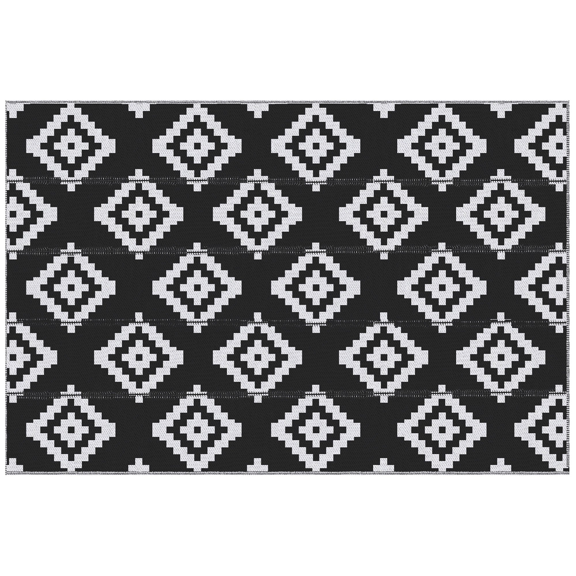 Covor de Exterior  pentru Balcon și Terasă Reversibil cu Motiv Geometric, 2.74x1.82 m, Negru și Alb
