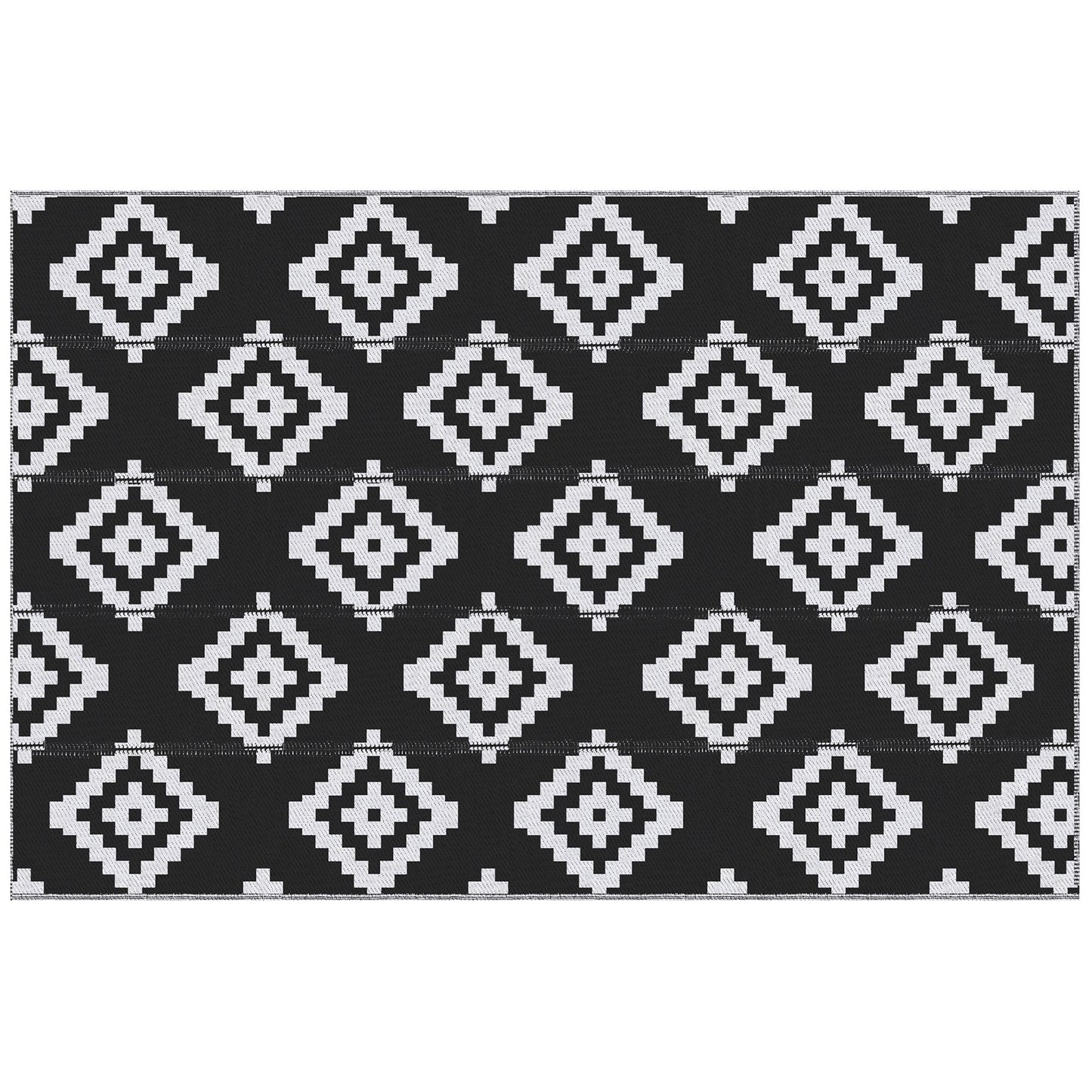 Covor de Exterior  pentru Balcon și Terasă Reversibil cu Motiv Geometric, 2.74x1.82 m, Negru și Alb
