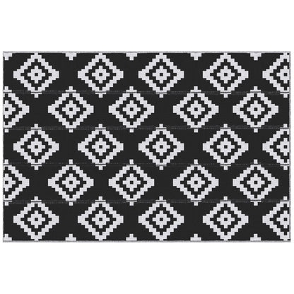 Covor de Exterior  pentru Balcon și Terasă Reversibil cu Motiv Geometric, 2.74x1.82 m, Negru și Alb