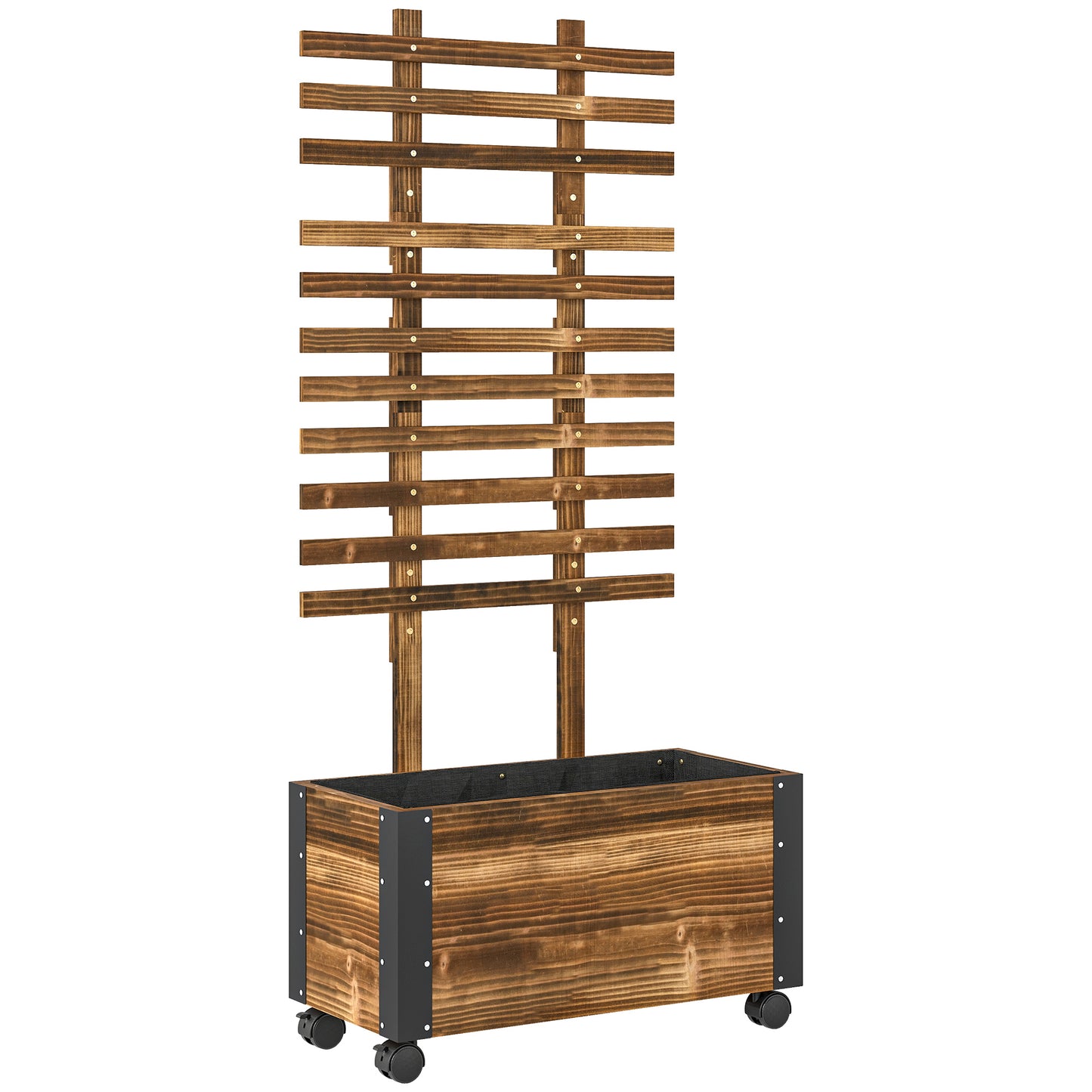 Jardinieră cu spalier pentru plante cățărătoare și roți, din lemn de brad, 65x31x147 cm, maro