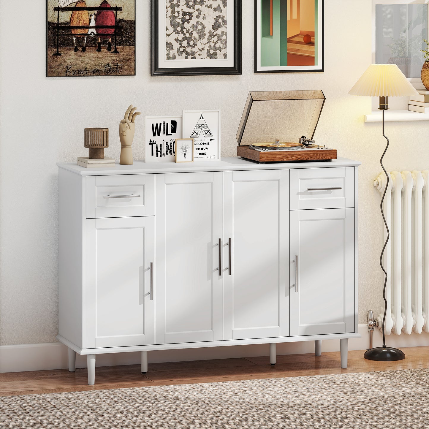 Comodă Buffet Elegantă cu 2 Sertare și 3 Dulapuri cu Rafturi Reglabile, din Lemn, 120x38x86 cm, Alb