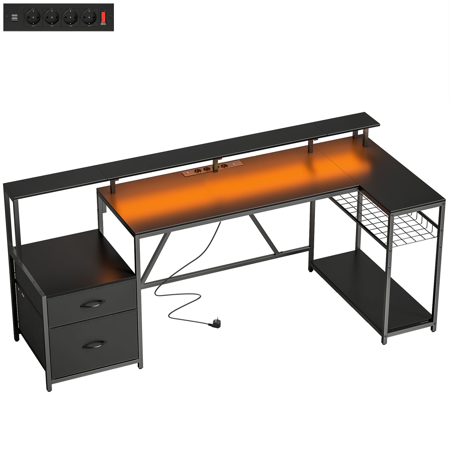 Birou Gaming Reversibil în Formă de L cu LED, 192,5cm Birou Colțar cu Prize Electrice, Suport Monitor și CPU, 2 Sertare din Material Textil pentru Documente A4/Legal, pentru Casă Birou Studio, Negru