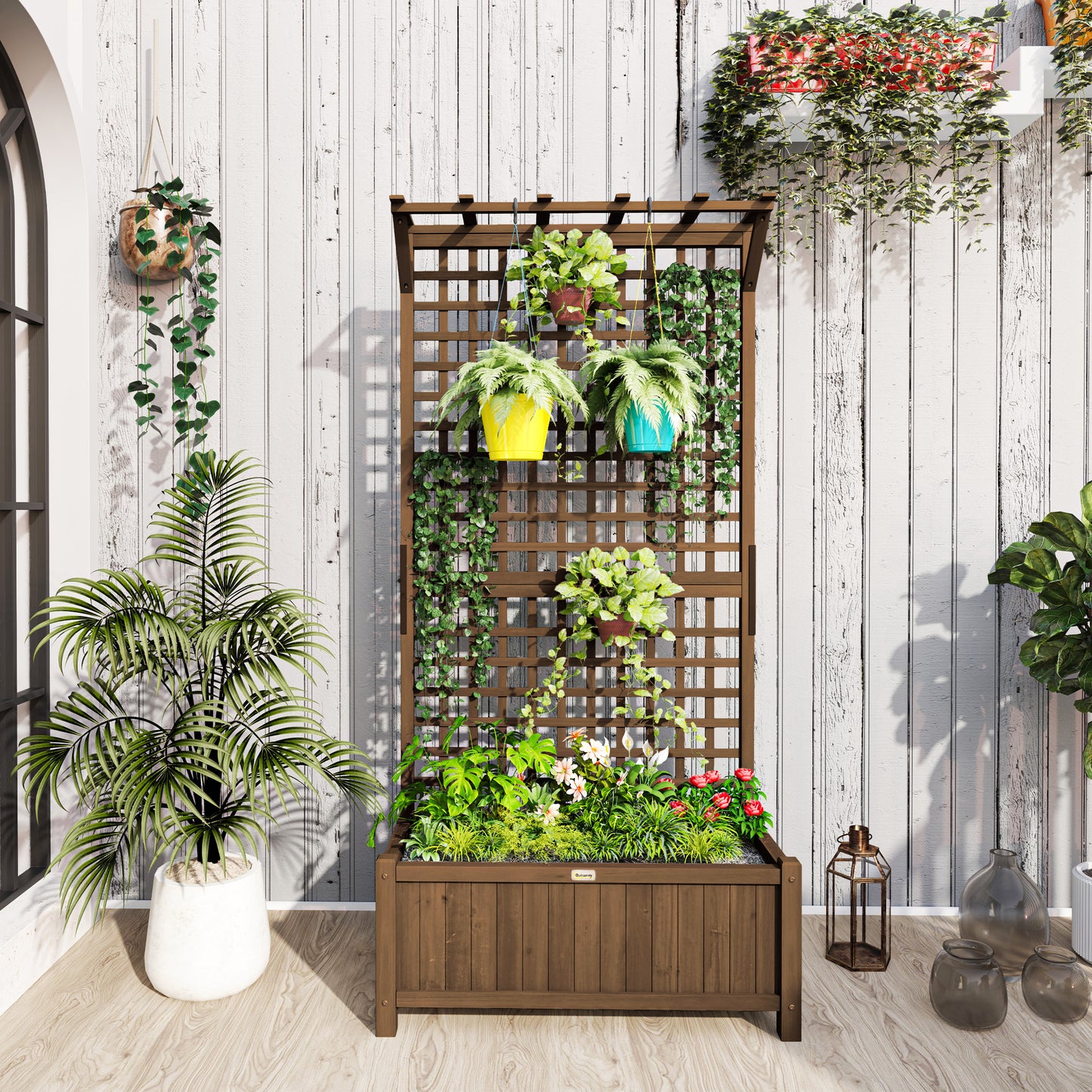 Jardinieră Ridicată pentru Exterior cu Spalier și Bară Superioară, Jardinieră din Lemn de Brad cu Găuri de Drenaj pentru Flori și Legume, pentru Grădină și Balcon, Cafeniu Întunecat