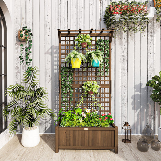 Jardinieră Ridicată pentru Exterior cu Spalier și Bară Superioară, Jardinieră din Lemn de Brad cu Găuri de Drenaj pentru Flori și Legume, pentru Grădină și Balcon, Cafeniu Întunecat