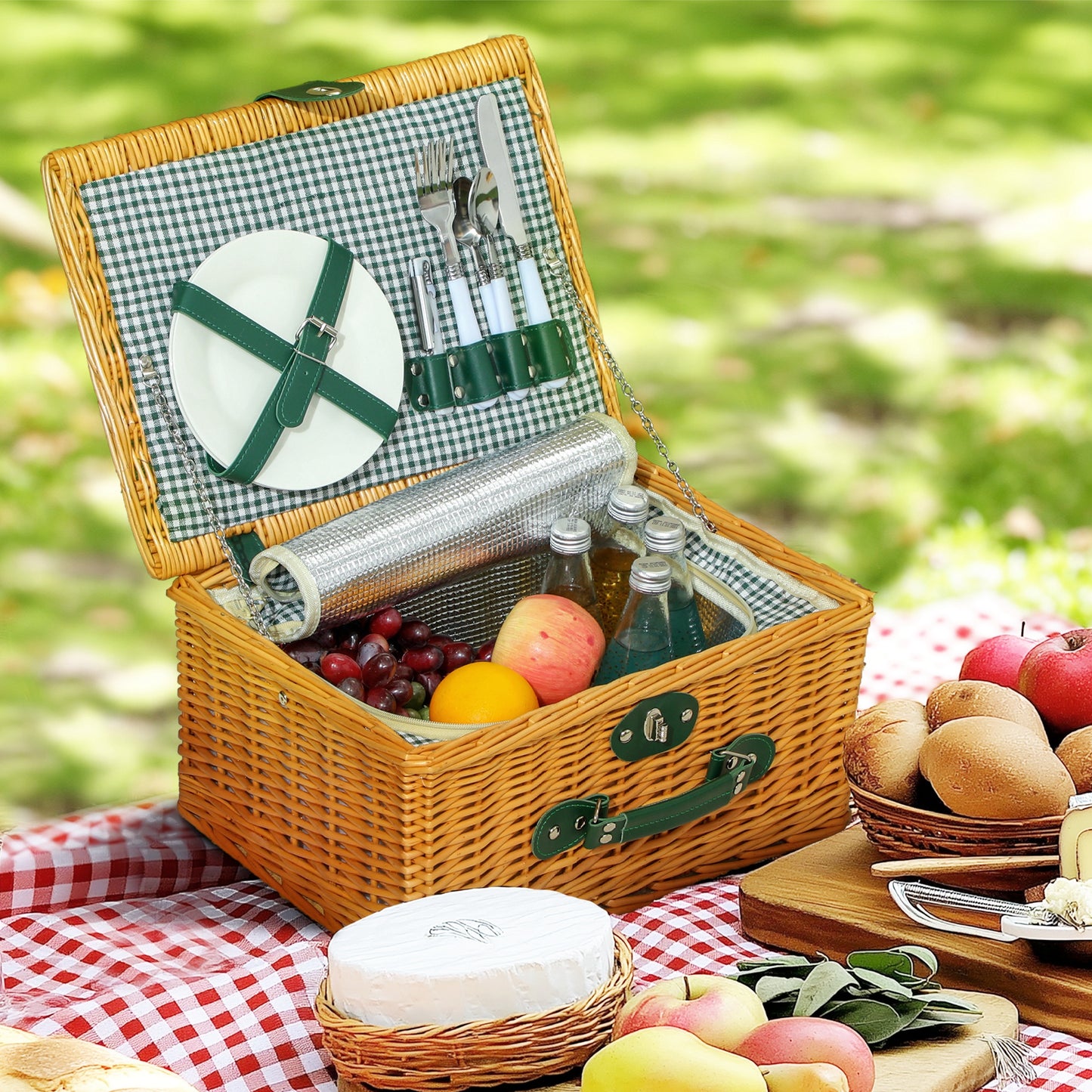 Coș de Picnic din Răchită pentru 2 Persoane cu Zonă Frigorifică și Veselă, 40x30x20 cm, Maro Deschis