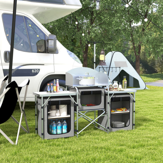 Bucătărie de Camping Pliabilă cu 3 Niveluri, 5 Rafturi Interioare și 4 Cârlige, 172x48x119 cm, Gri și Argintiu